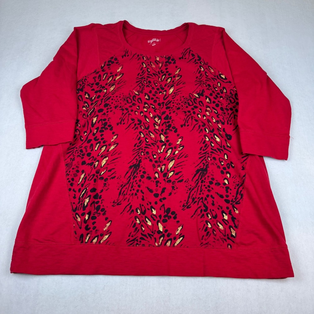 Style & Co Sport Woman Red Leopard Print Gold Foil 3/4 Sleeve Top 3X